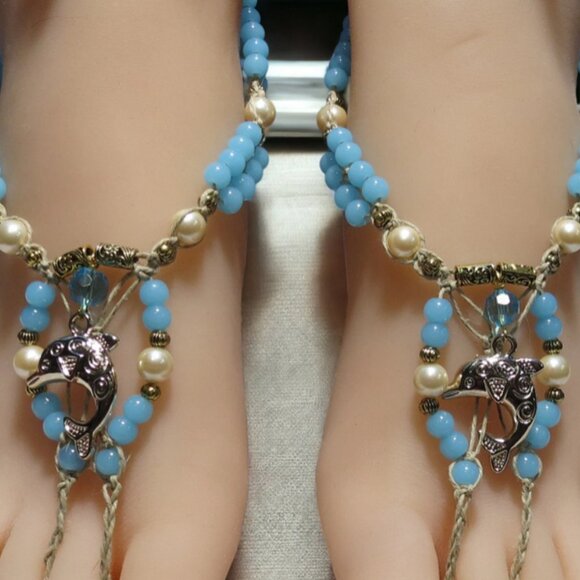 NEW Dolphins & Blue Gemstone Barefoot Sandals. Belly dance foot jewelry. - Picture 4 of 5